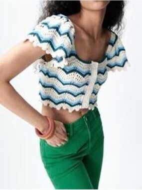 Zara Crochet Chevron Knit Top - Blue & Cream, Scalloped Flutter Sleeve Size M